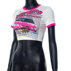 Short sleeve car pattern contrast patchwork crop top