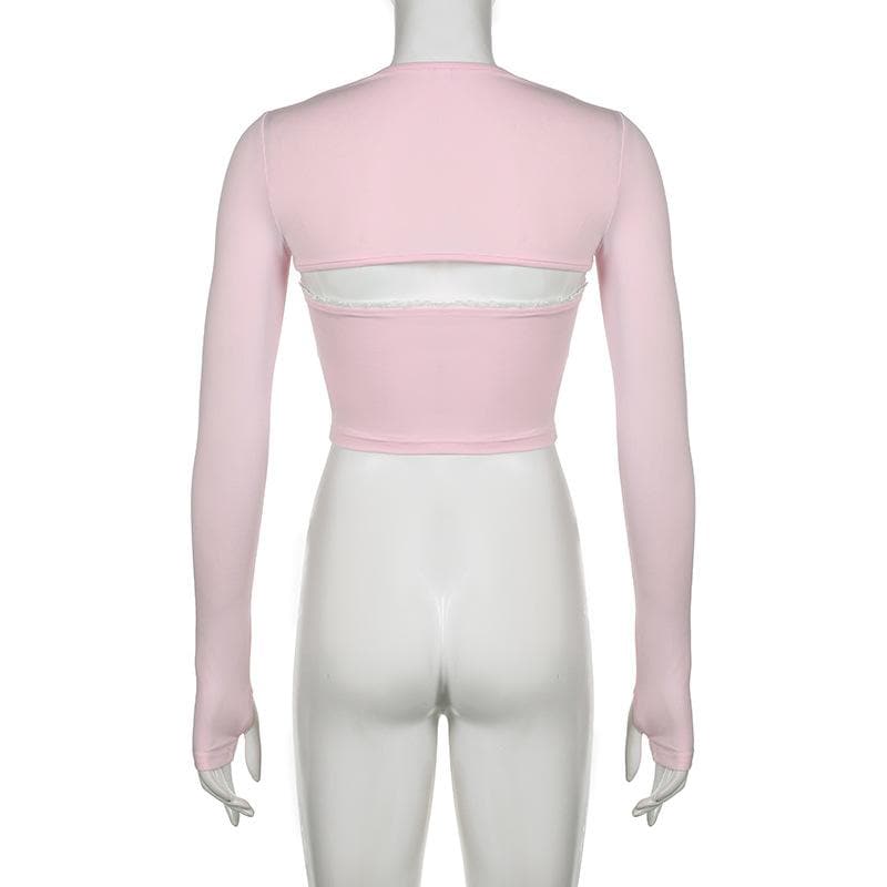 Rabbit pattern contrast lace hem shrug 2 piece crop top