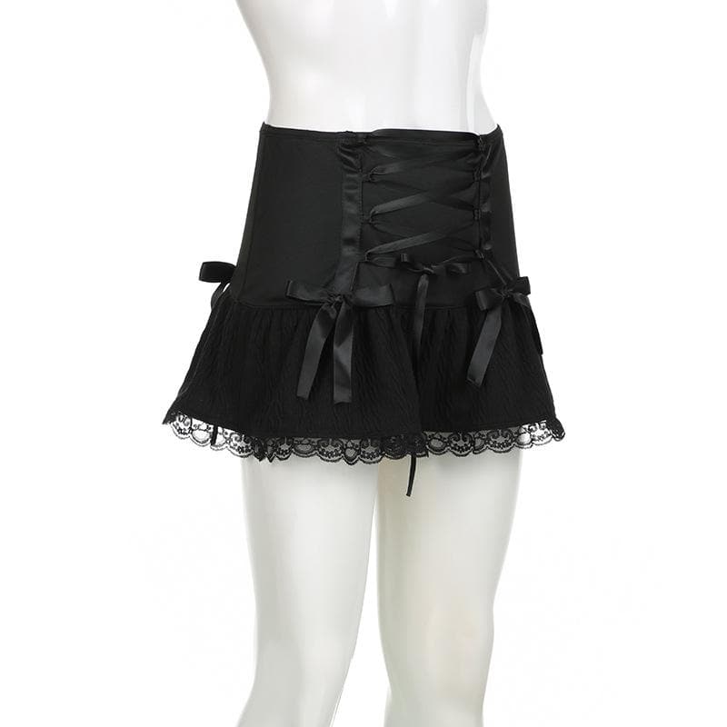 Lace up ruched lace hem solid bowknot low rise mini skirt