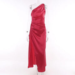 Slit solid satin one shoulder irregular ruched maxi dress