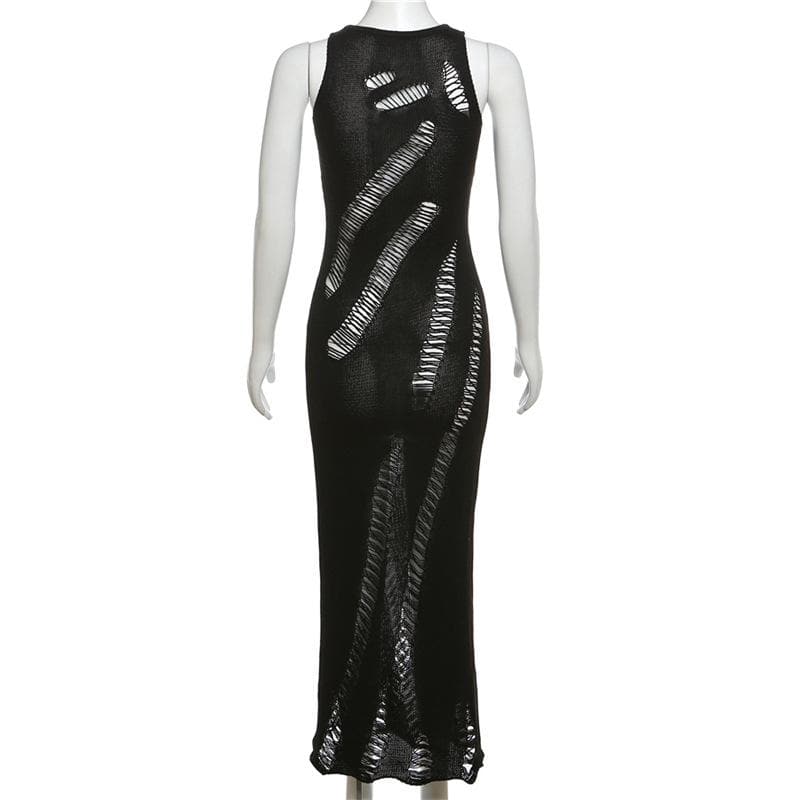 Crochet solid hollow out sleeveless irregular maxi dress