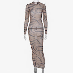 Sheer mesh see through long sleeve contrast print maxi dress