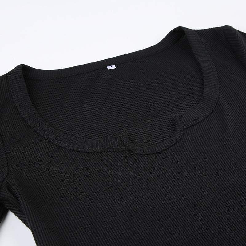 Ribbed notch neck solid long sleeve top