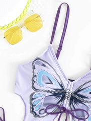 Butterfly pattern drawstring contrast self tie cami bikini swimwear