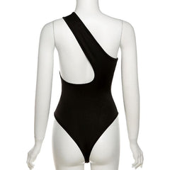 Solid One shoulder Hollow Out Bodysuit