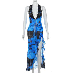 Self tie halter lace hem irregular backless contrast maxi dress