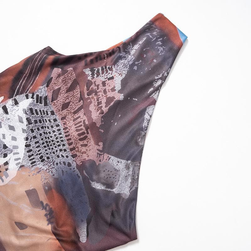 One shoulder irregular contrast print top