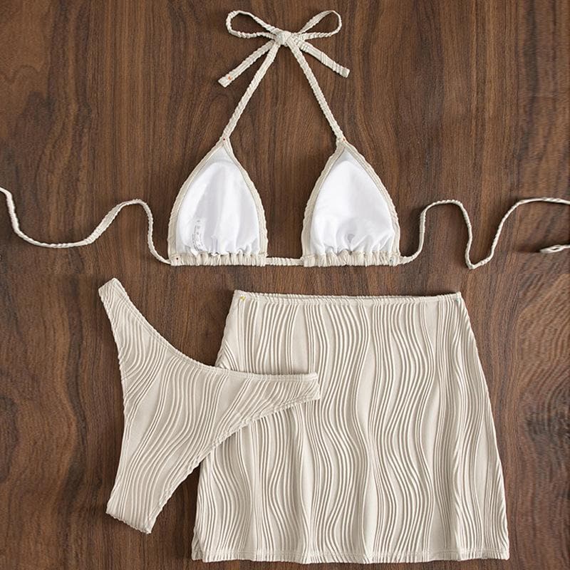 Textured solid halter self tie padded mini skirt 3 piece swimwear