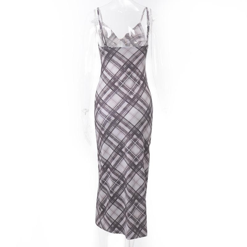 Plaid contrast v neck backless cami maxi dress