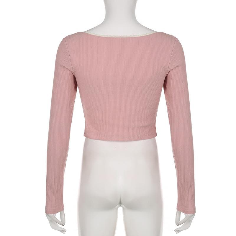 Ribbed lace hem long sleeve ruched contrast top