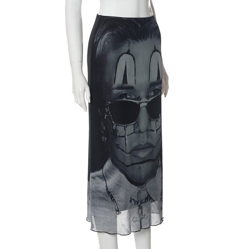 Abstract contrast print low rise mesh ruffle midi skirt