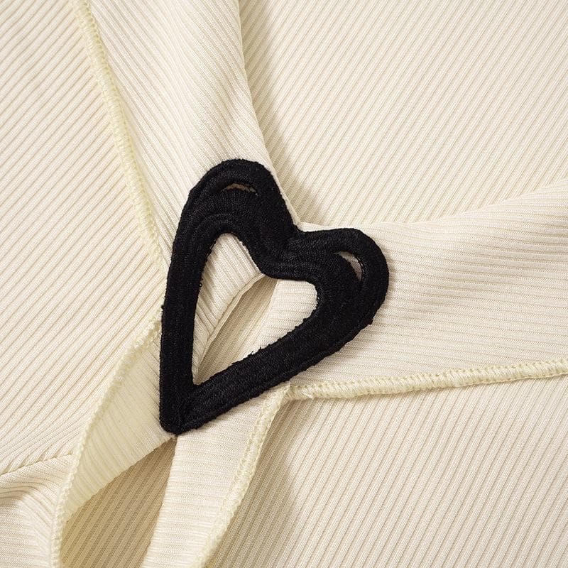 Ribbed flared sleeve heart applique ruffle v neck crop top