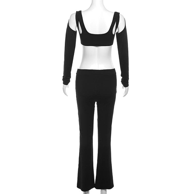 Buckle hollow out solid long sleeve backless v neck pant set
