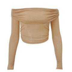 Sheer mesh see through off shoulder ruched long sleeve top