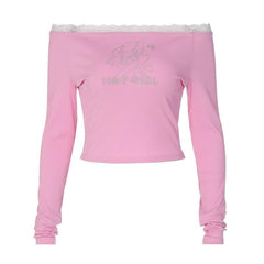 Beaded off shoulder long sleeve ribbed lace hem top