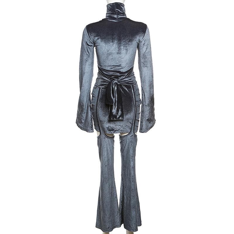 Velvet turtle neck solid long flared sleeve self tie pant set