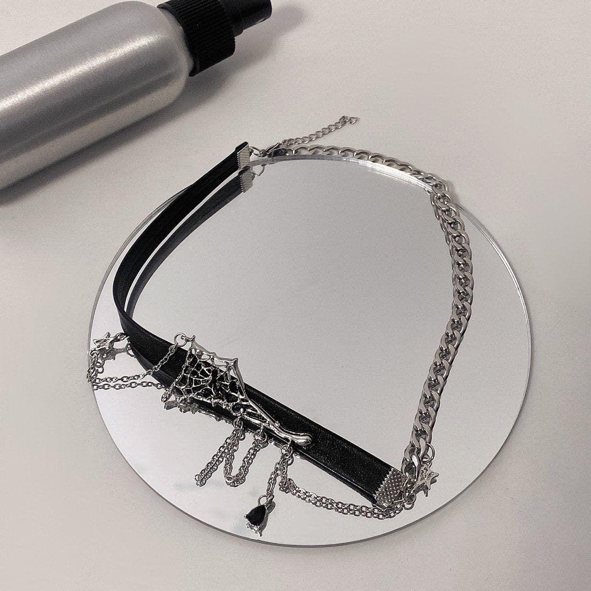 Spider web layered PU leather chain choker necklace