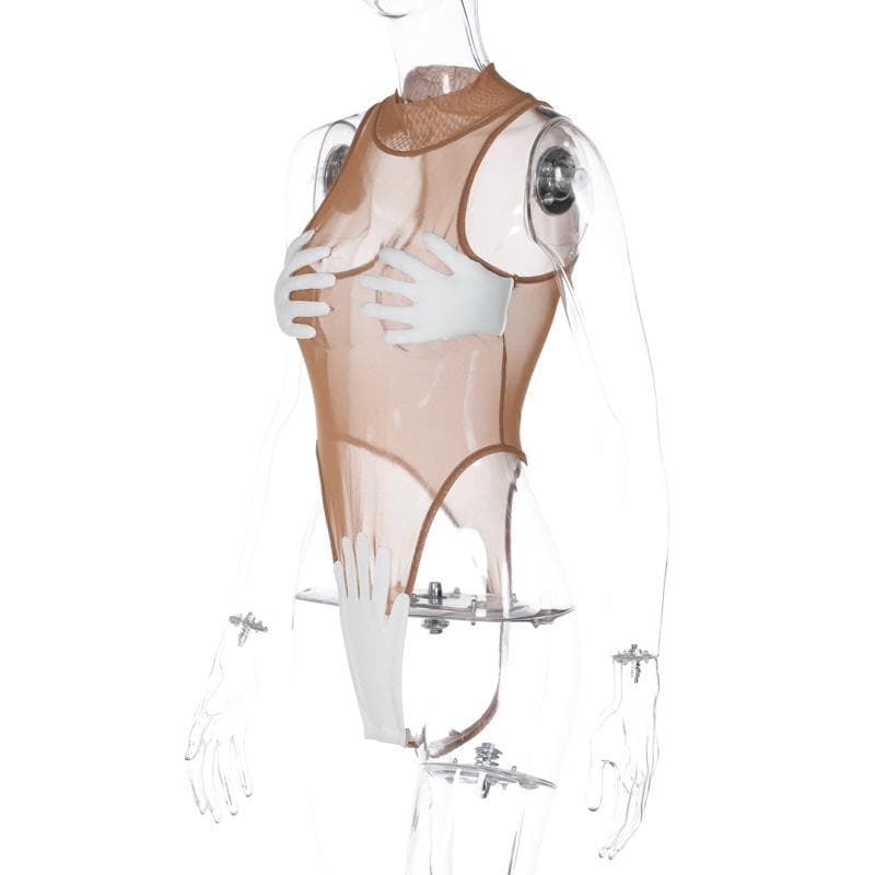 Palm applique mesh high neck sleeveless contrast bodysuit