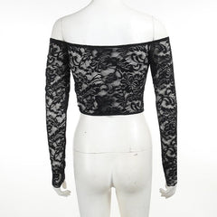 Lace solid long sleeve corset off shoulder top
