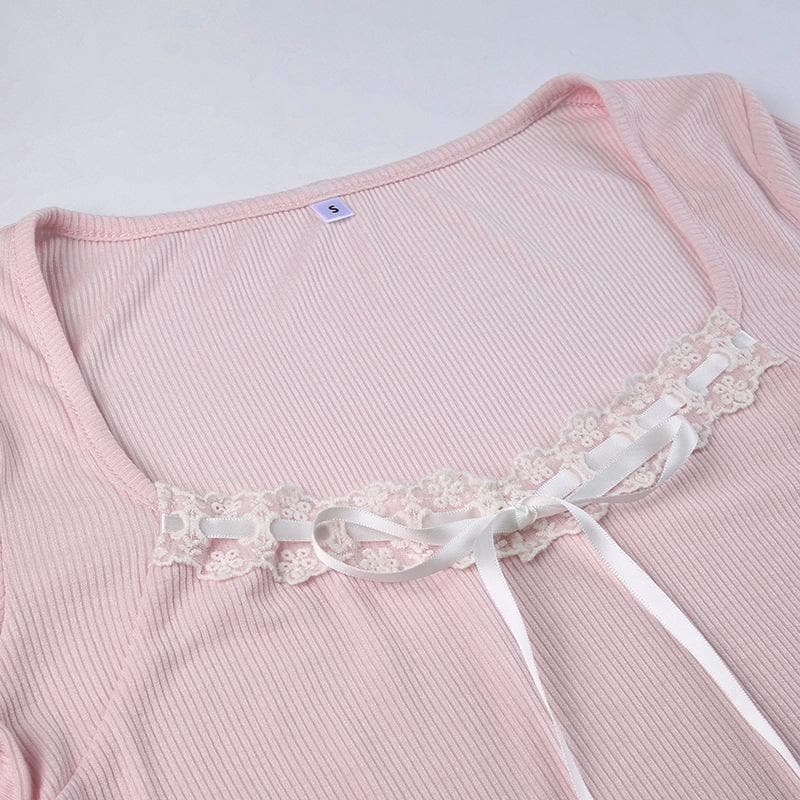 Ribbed lace hem long sleeve contrast square neck gloves crop top