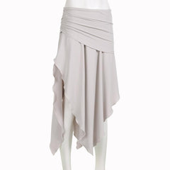 Ruched irregular ruffle slit solid high rise midi skirt