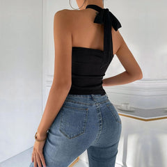 Cross front self tie hollow out solid ribbed cut out top