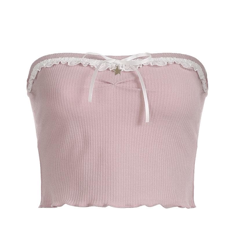 Textured lace hem backless ruffle contrast tube crop top
