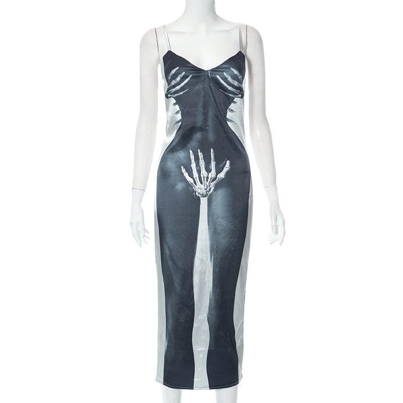 Skull pattern v neck backless contrast zip-up cami midi dress