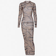 Sheer mesh see through long sleeve contrast print maxi dress