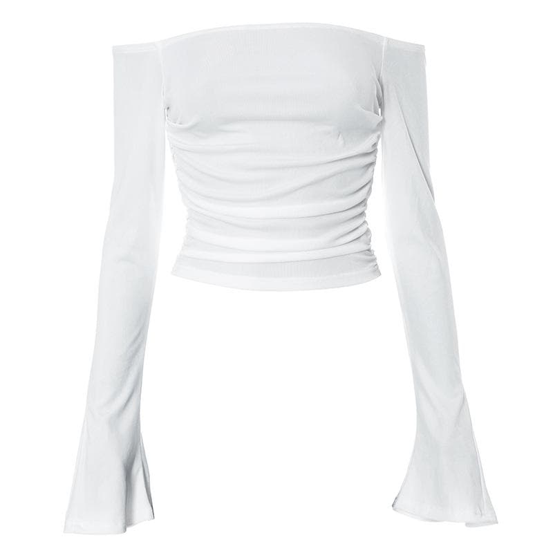 Ribbed long flared sleeve solid ruched off shoulder top