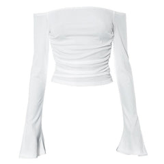 Ribbed long flared sleeve solid ruched off shoulder top