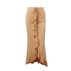 Ruffle solid ruched self tie low rise midi skirt