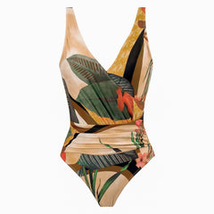 V neck backless leaf pattern ruched one piece swimwear