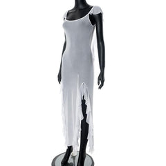 Sheer mesh see through backless ruffle slit cap sleeve maxi dress