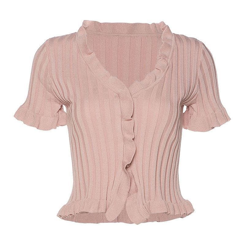 Short sleeve ribbed ruffled buttoned crop top