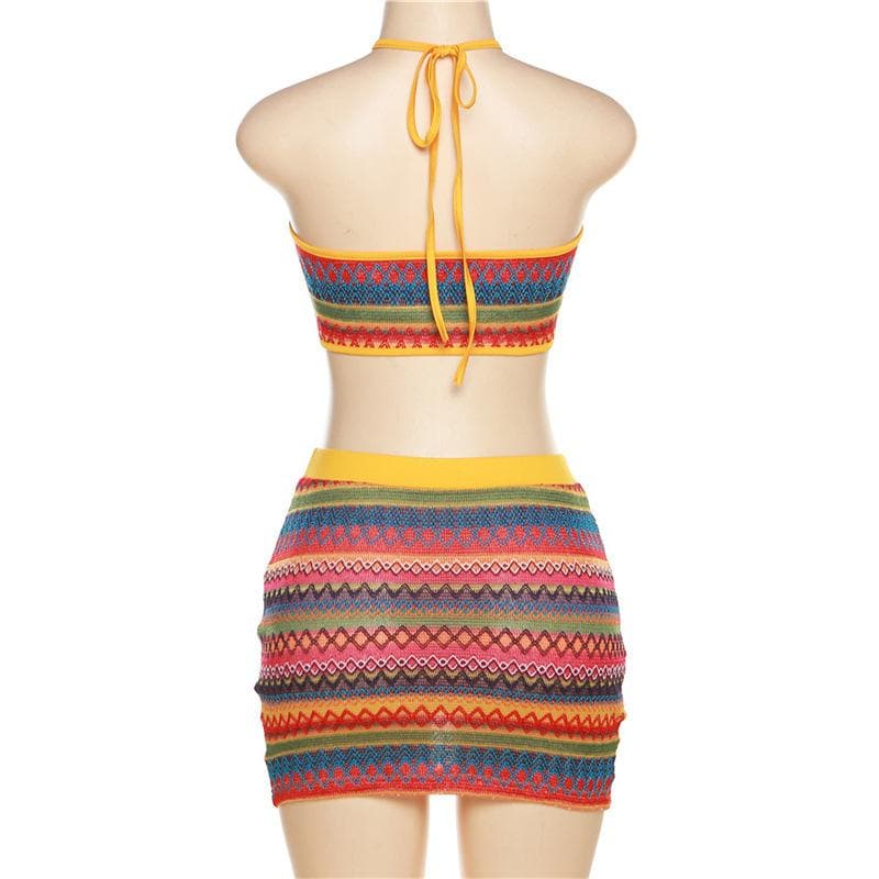 Self tie halter backless contrast print textured mini skirt set