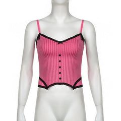 Button striped lace hem v neck contrast cami top