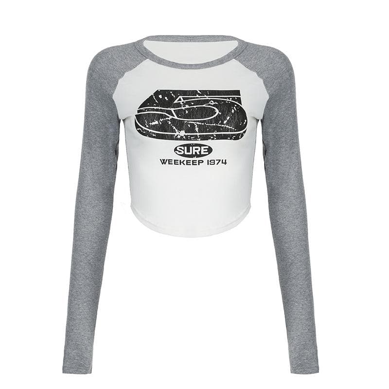 Contrast "5" pattern long sleeve crewneck crop top