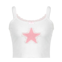 Star patchwork lace hem ribbed contrast cami crop top