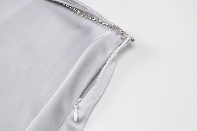 Cowl neck zip-up metal chain satin halter maxi skirt set