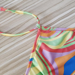 Contrast ripple halter backless self tie cross back crop top