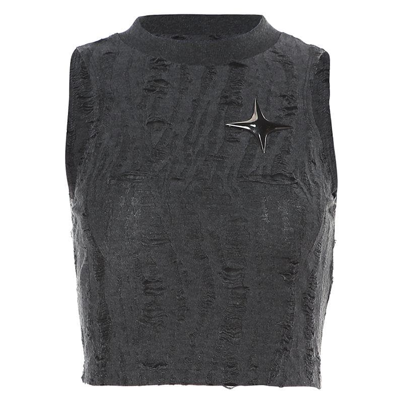 Sleeveless textured star applique hollow out solid crop cut out top