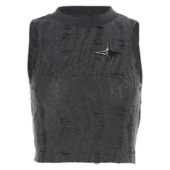 Sleeveless textured star applique hollow out solid crop cut out top