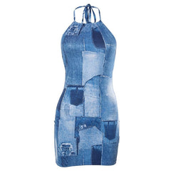 Self tie drawstring halter backless denim print contrast mini dress