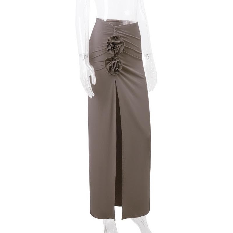 Ruched high slit flower applique irregular solid maxi skirt