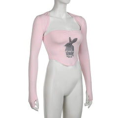 Rabbit pattern contrast lace hem shrug 2 piece crop top