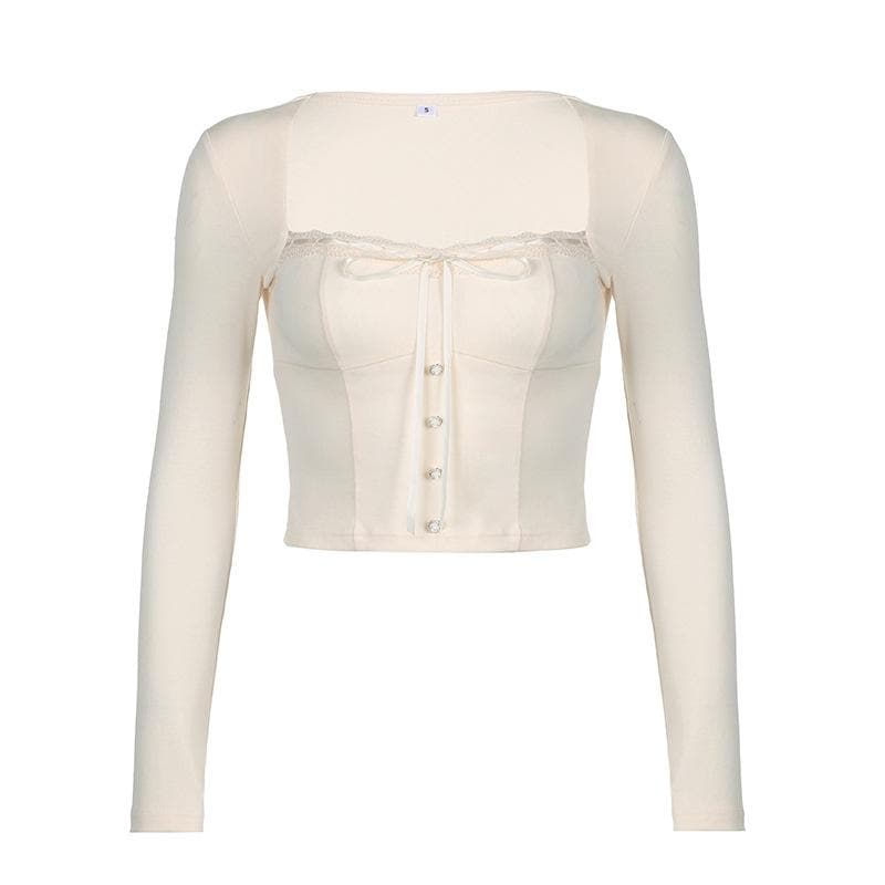Square neck lace hem button solid long sleeve top
