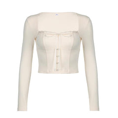 Square neck lace hem button solid long sleeve top