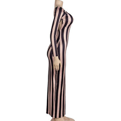 Striped print backless long sleeve contrast round neck maxi dress