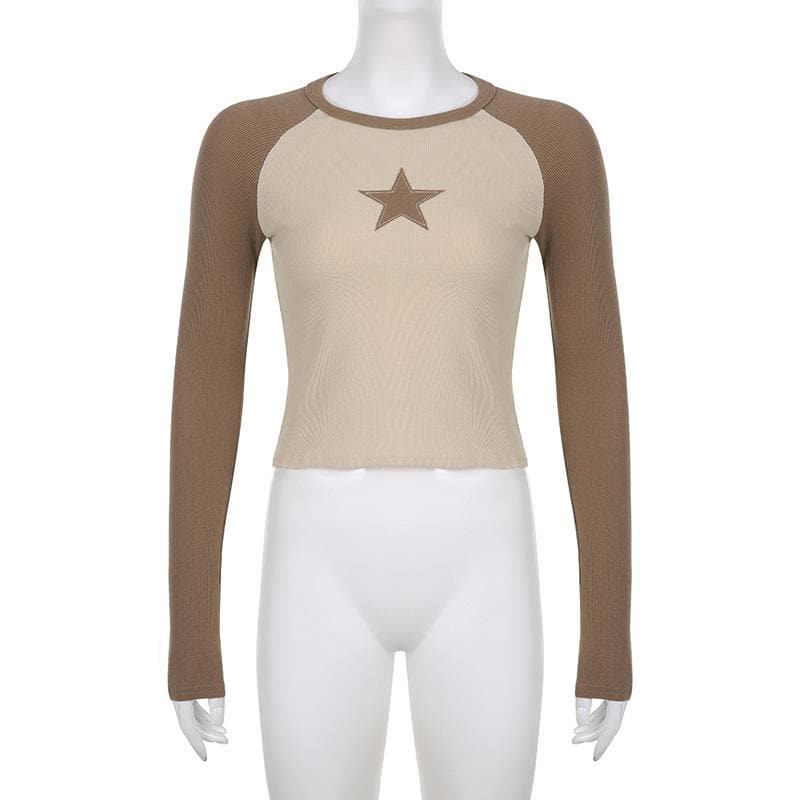 Star patchwork contrast ribbed crewneck long sleeve top
